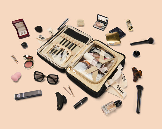 Large Neoprene Makeup Bag - Black & Beige Travel Cosmetic Organiser | VIAJE MAS