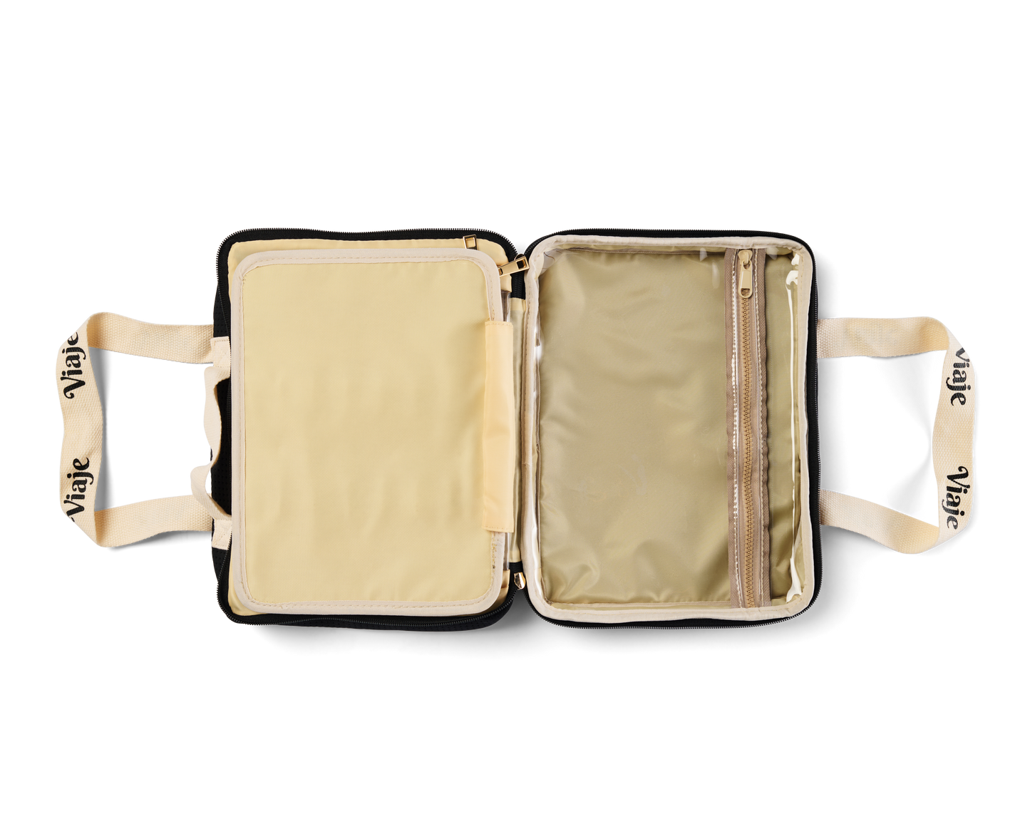 Large Neoprene Makeup Bag - Black & Beige Travel Cosmetic Organiser | VIAJE MAS