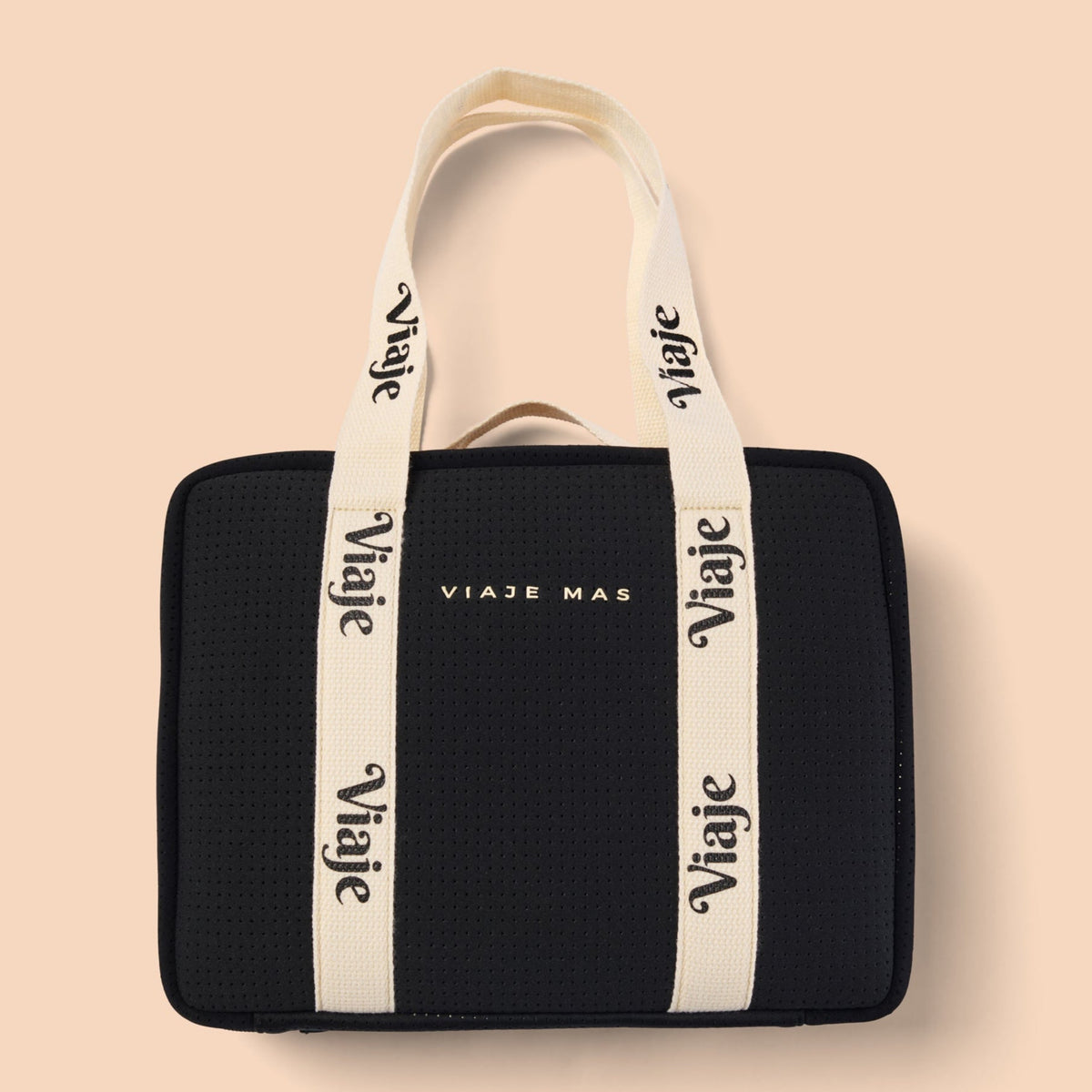 Black neoprene makeup bag with gold zipper