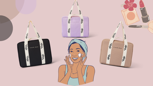 "Essential makeup products for overseas travel with makeup bag"