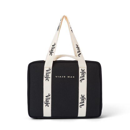 Large Neoprene Makeup Bag - Black & Beige Travel Cosmetic Organiser | VIAJE MAS