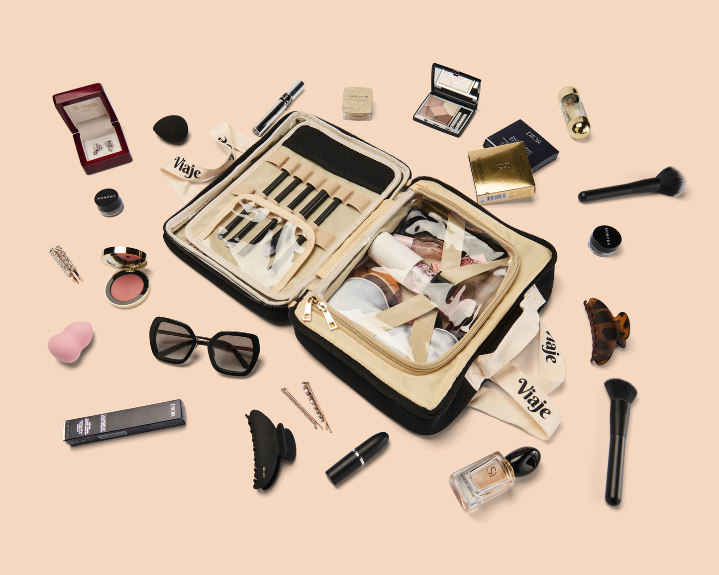 Large Neoprene Makeup Bag - Black & Beige Travel Cosmetic Organiser | VIAJE MAS