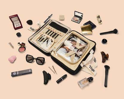 Large Neoprene Makeup Bag - Black & Beige Travel Cosmetic Organiser | VIAJE MAS