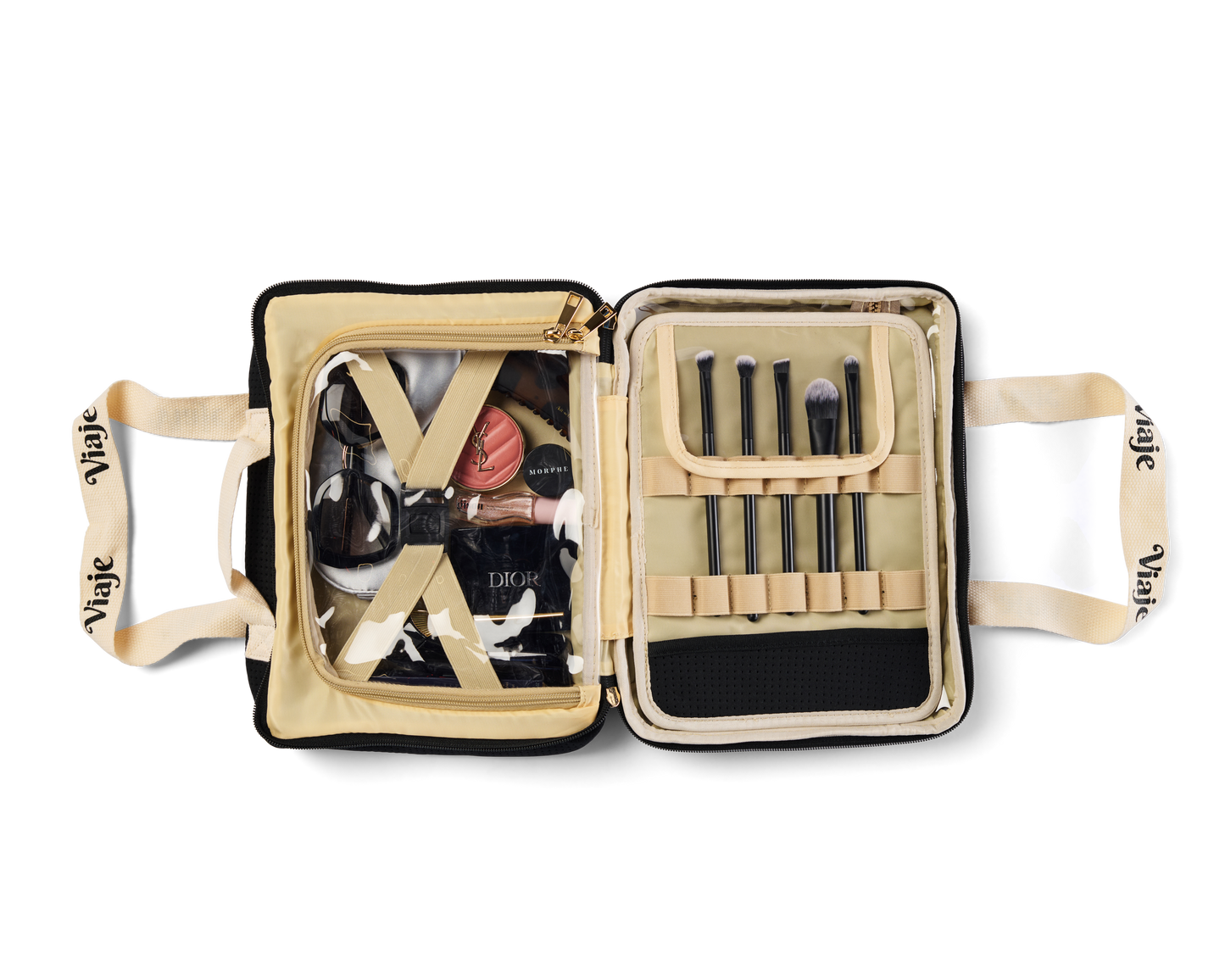 Large Neoprene Makeup Bag - Black & Beige Travel Cosmetic Organiser | VIAJE MAS