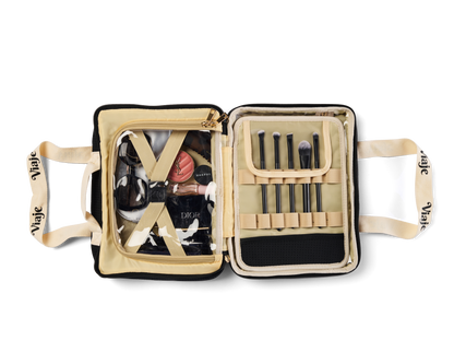 Large Neoprene Makeup Bag - Black & Beige Travel Cosmetic Organiser | VIAJE MAS