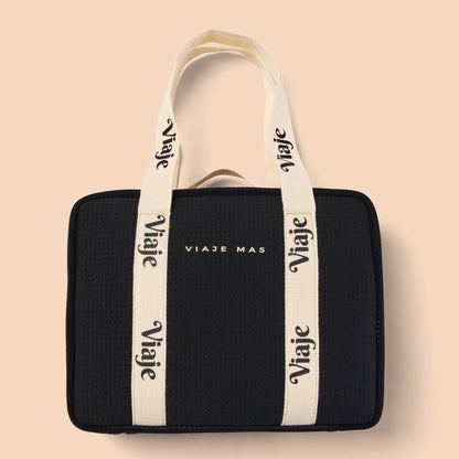 Large Neoprene Makeup Bag - Black & Beige Travel Cosmetic Organiser | VIAJE MAS