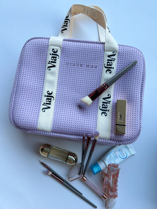 Lilac beige makeup travel bag with compartment